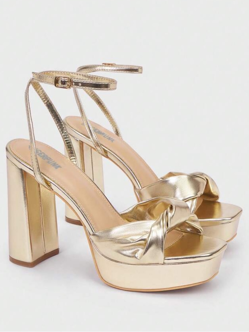 Gold Platform Knot Ankle-Strap Heels